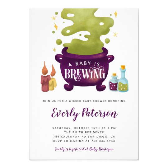 Halloween Baby Is Brewing Witch Baby Shower Invitation | Zazzle.co.uk