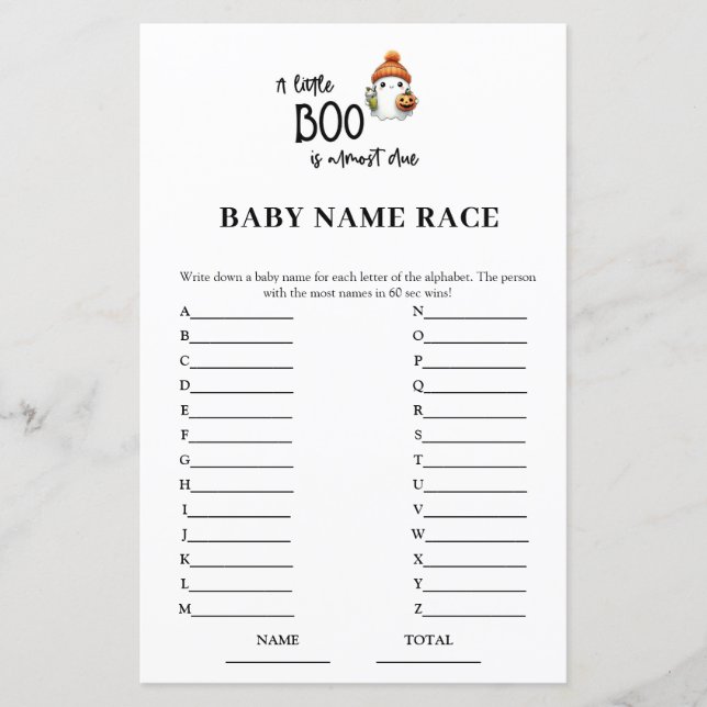 Halloween Baby Name Race Baby Shower Game (Front)