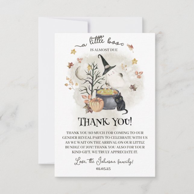 Halloween Baby Shower a little boo is almost due. Thank You Card (Front)