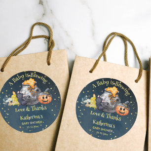 Halloween baby shower baby is brewing favour classic round sticker