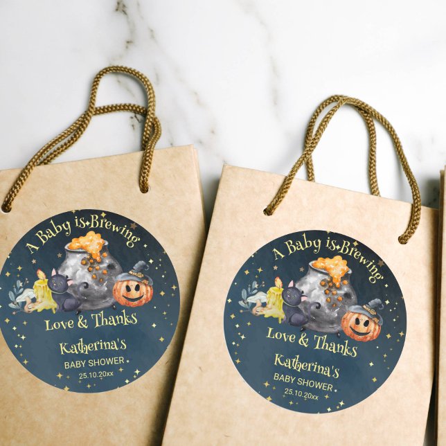 Halloween baby shower baby is brewing favour classic round sticker (A baby is brewing Halloween baby shower favor gift stickers starry night brewing pot thank you stick)