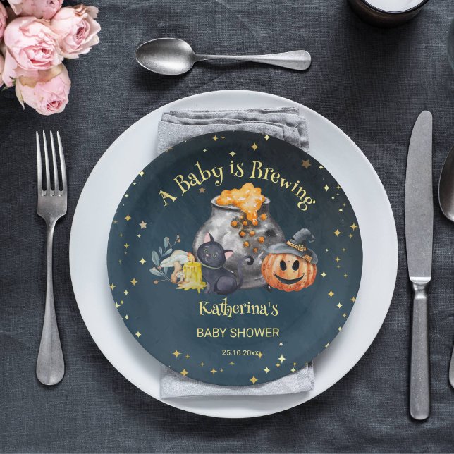 Halloween baby shower baby is brewing paper plate (A baby is brewing Halloween baby shower tableware personalized party plates starry night brewing pot)