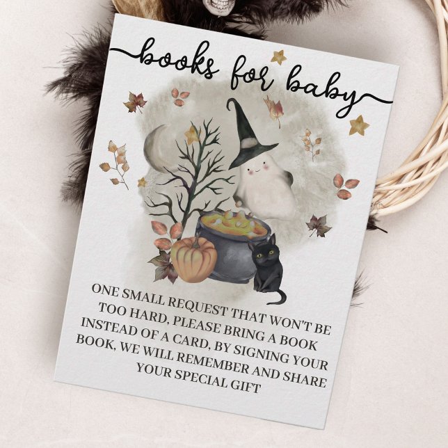 Halloween Baby Shower Books for Baby card. Enclosure Card (books ofr baby request card in halloween theme a little boo is almost due)