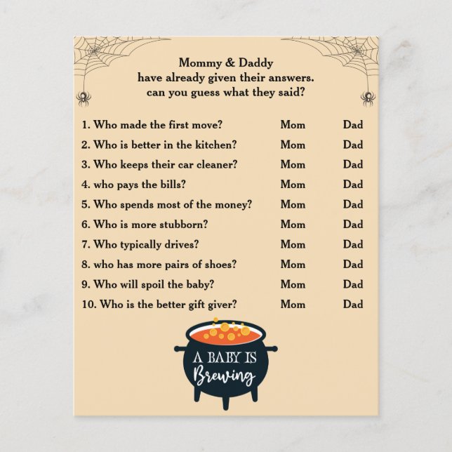 Halloween Baby Shower Game Guess Who Mum or Dad (Front)