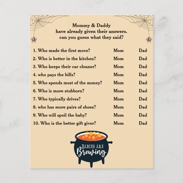 Halloween Baby Shower Game Guess Who Mum or Dad (Front)