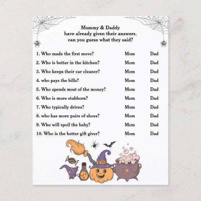 Halloween Baby Shower Game Guess Who Mum or Dad (Front)