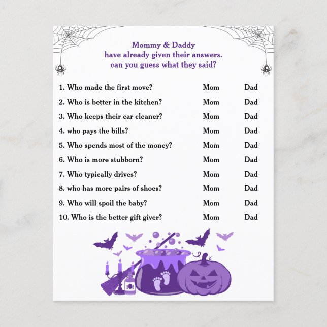Halloween Baby Shower Game Guess Who Mum or Dad (Front)