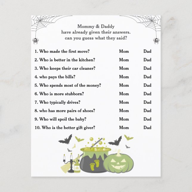Halloween Baby Shower Game Guess Who Mum or Dad (Front)
