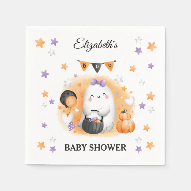 Halloween Baby Shower Girl Cute Ghost Orange Napkin (Front)