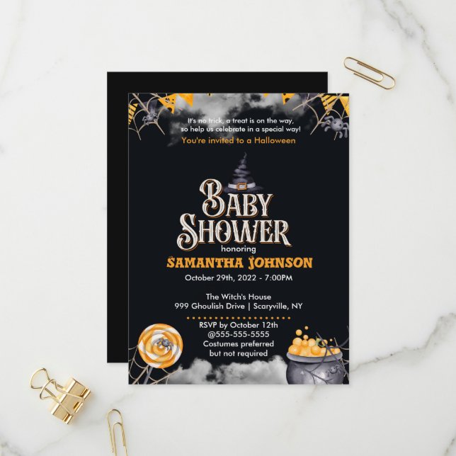 Halloween Baby Shower Invitation Postcard (Front/Back In Situ)