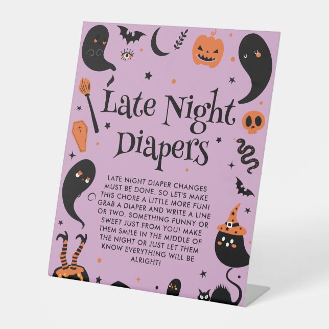 Halloween Baby Shower Late Night Diapers Game Pedestal Sign (Front)