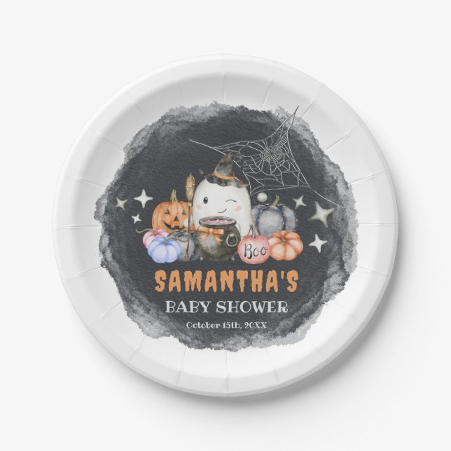 Halloween Baby Shower Little Boo Pumpkin Paper Plate (Front)