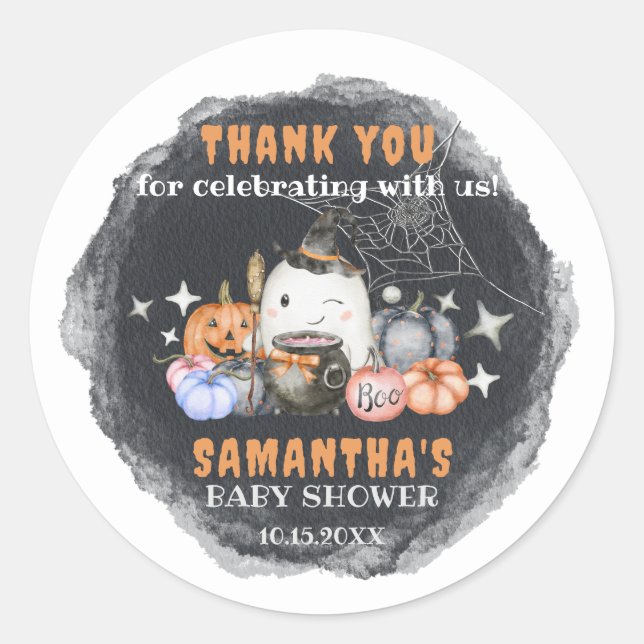 Halloween Baby Shower Little Boo Pumpkin Thank You Classic Round Sticker (Front)