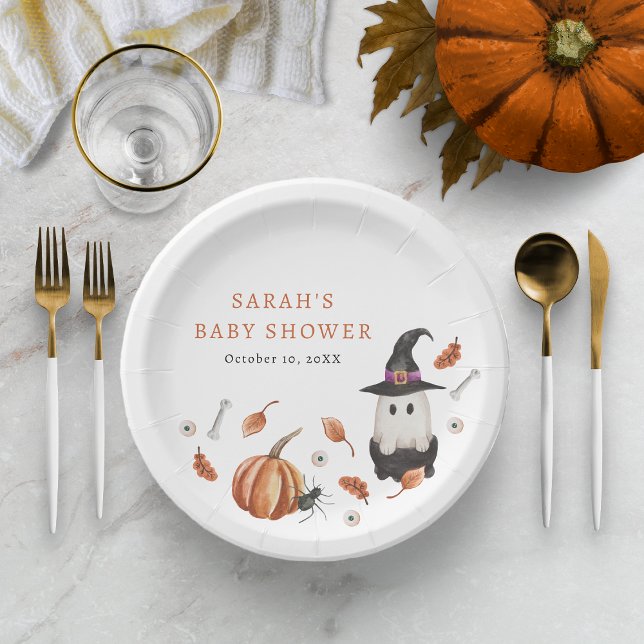 Halloween Baby Shower Paper Plate (Halloween A Little Boo Is Almost Due Baby Shower - Autumn Leaves Ghost Paper Plate Party Decor)