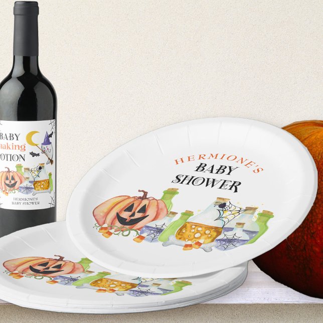 Halloween Baby Shower Pumpkin and Potions Paper Plate (Halloween Baby Shower paper plates with cute pumpkin and magic baby making potions)