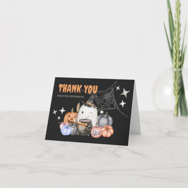 Halloween Baby Shower Pumpkin Little Boo Folded Thank You Card (Front)
