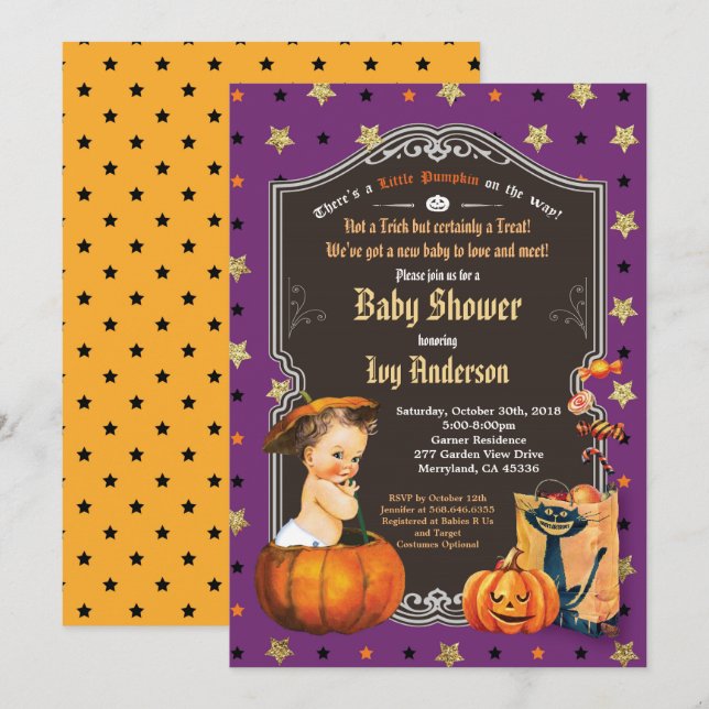 Halloween baby shower retro chalkboard black gold invitation (Front/Back)