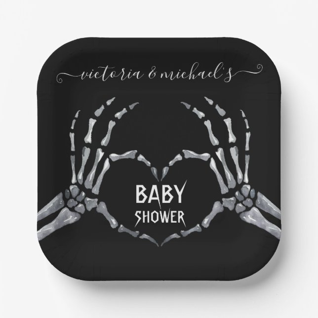 Halloween Baby Shower Skeleton Hands Heart Paper Plate (Front)