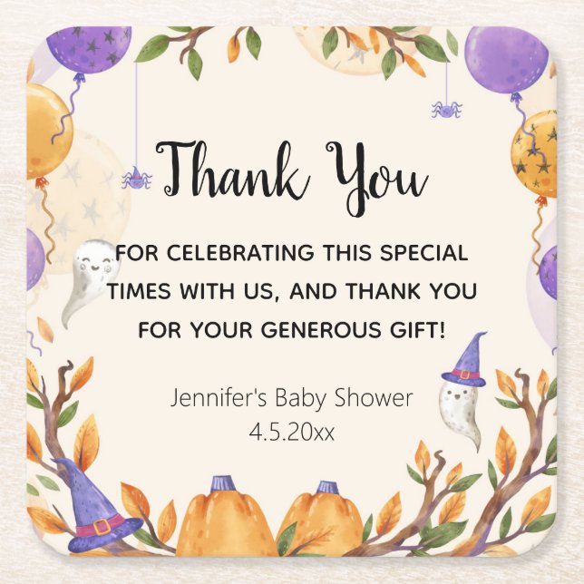 halloween baby shower thank you cute square paper coaster (Front)