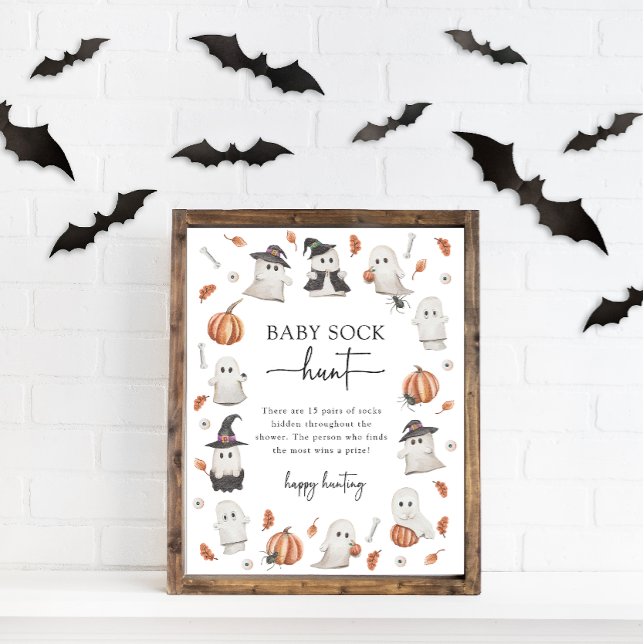 Halloween Baby Sock Hunt Game Sign (Halloween Baby Sock Hunt Game Sign A Little Boo Is Almost Due Baby Shower Poster)