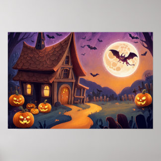 Halloween background pumpkins house illustration  poster