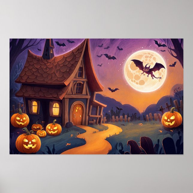 Halloween background pumpkins house illustration  poster (Front)