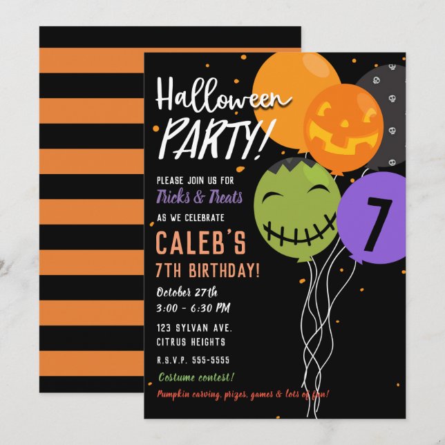 Halloween Balloons Festive Fun Cute Birthday Party Invitation (Front/Back)
