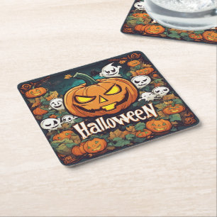 Halloween-Banner mit Kürbissen und Geistern - Square Paper Coaster