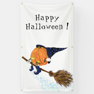 Halloween Banner Witch Pumpkin Flying Broom