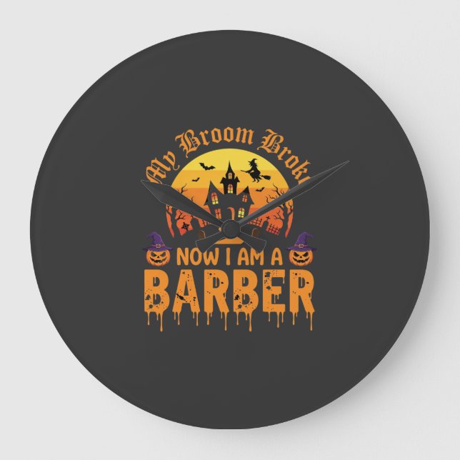 Halloween Barber Witch Broom Broke Haunted House D Large Clock (Front)