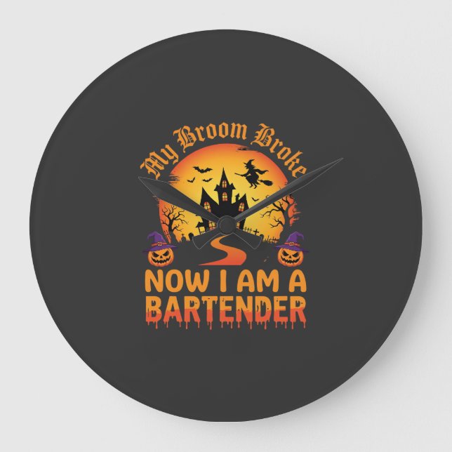 Halloween Bartender Haunted House Witch Pumpkin De Large Clock (Front)