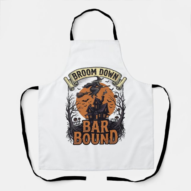 Halloween Bartender Shirt Funny Witch Broom Bar Pu Apron (Front)