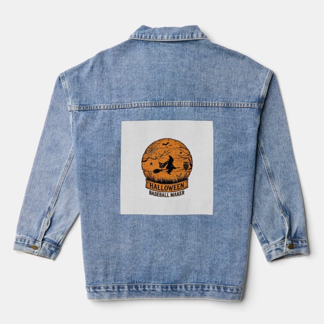 Halloween Baseball Maker Flying Witch Wooden Moon  Denim Jacket (Back)