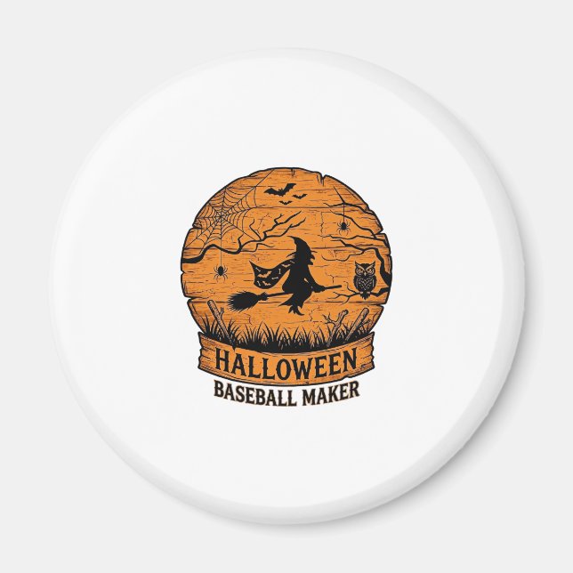 Halloween Baseball Maker Flying Witch Wooden Moon  Magnet (Front)