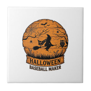 Halloween Baseball Maker Flying Witch Wooden Moon  Tile