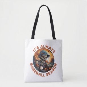 Halloween baseball player skeleton scary home run tote bag