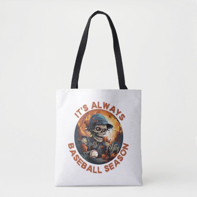 Halloween baseball player skeleton scary home run tote bag (Front)