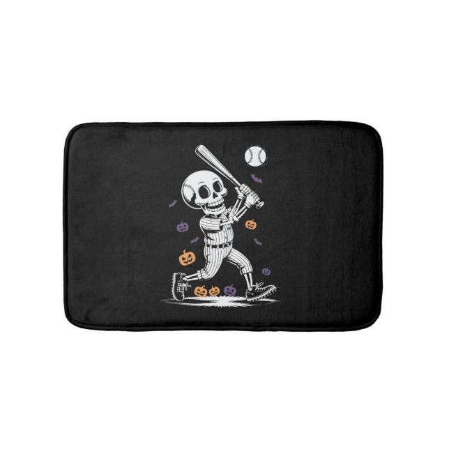 Halloween Baseball Skeleton Hitting Bath Mat (Front)