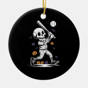 Halloween Baseball Skeleton Hitting Ceramic Tree Decoration