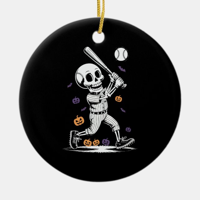 Halloween Baseball Skeleton Hitting Ceramic Tree Decoration (Front)