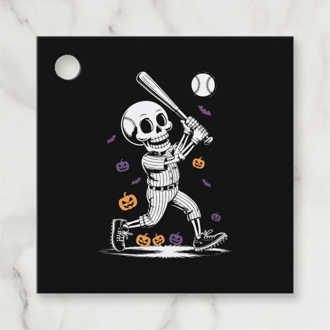 Halloween Baseball Skeleton Hitting Favour Tags (Front)