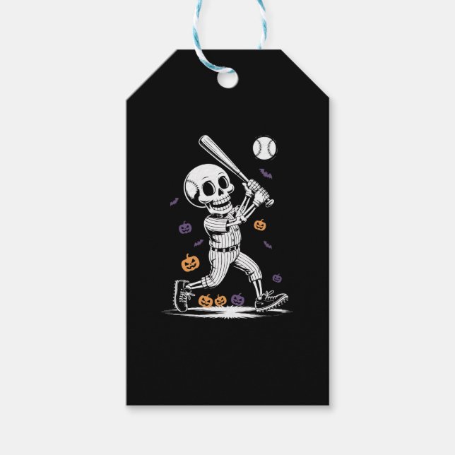 Halloween Baseball Skeleton Hitting Gift Tags (Front)