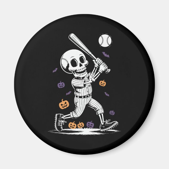 Halloween Baseball Skeleton Hitting Magnet (Front)