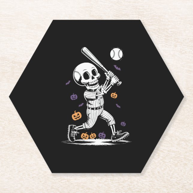 Halloween Baseball Skeleton Hitting Paper Coaster (Front)