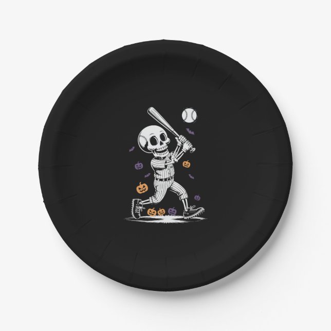 Halloween Baseball Skeleton Hitting Paper Plate (Front)