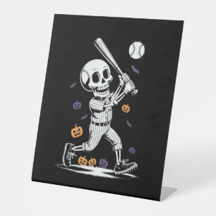 Halloween Baseball Skeleton Hitting Pedestal Sign