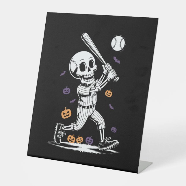 Halloween Baseball Skeleton Hitting Pedestal Sign (Front)
