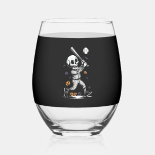 Halloween Baseball Skeleton Hitting Stemless Wine Glass