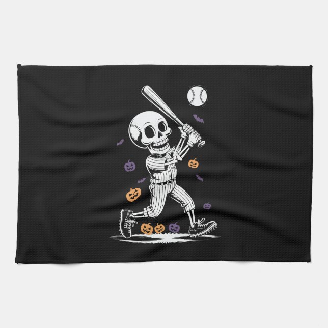 Halloween Baseball Skeleton Hitting Tea Towel (Horizontal)