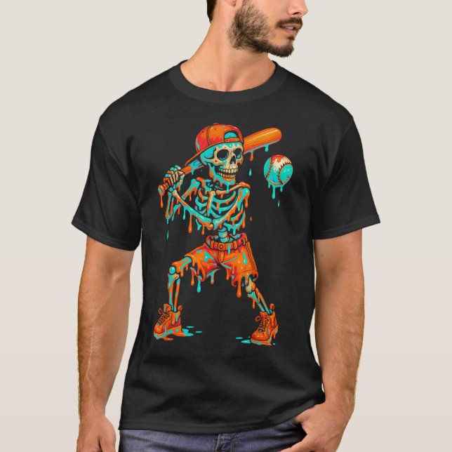 Halloween Baseball Skeleton Ice Cream Drip T-Shirt (Front)